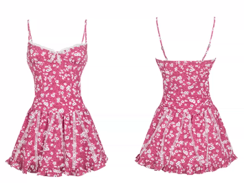 Pink Floral Print Cami Mini Dress with Lace Trim, Bow Detail and Tiered Ruffle Skirt R9276