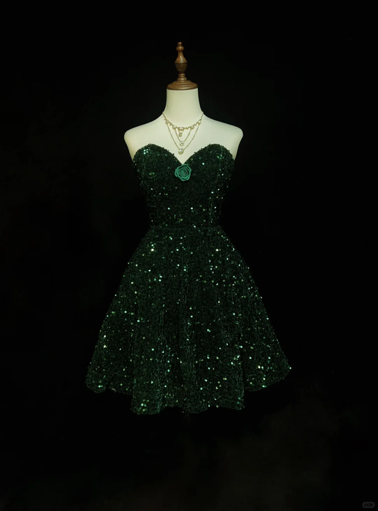 Green Strapless Sequined Waist Slim A-Line Short Skirt Homecoming Dress R4958