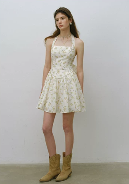 Beige Floral Print Halter Neck Mini Dress Women With Large Bow Detail R9485