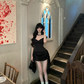Black suspender satin pleated waist hip skirt homecoming dress R5078