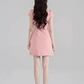 Pink & Black Contrast Dress, Women's Square Neck with Black Bow Waist A-Line Mini Dress R9337