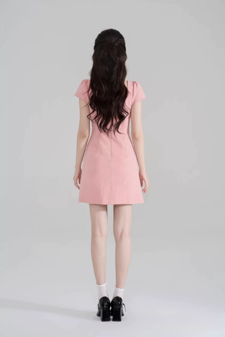 Pink & Black Contrast Dress, Women's Square Neck with Black Bow Waist A-Line Mini Dress R9337