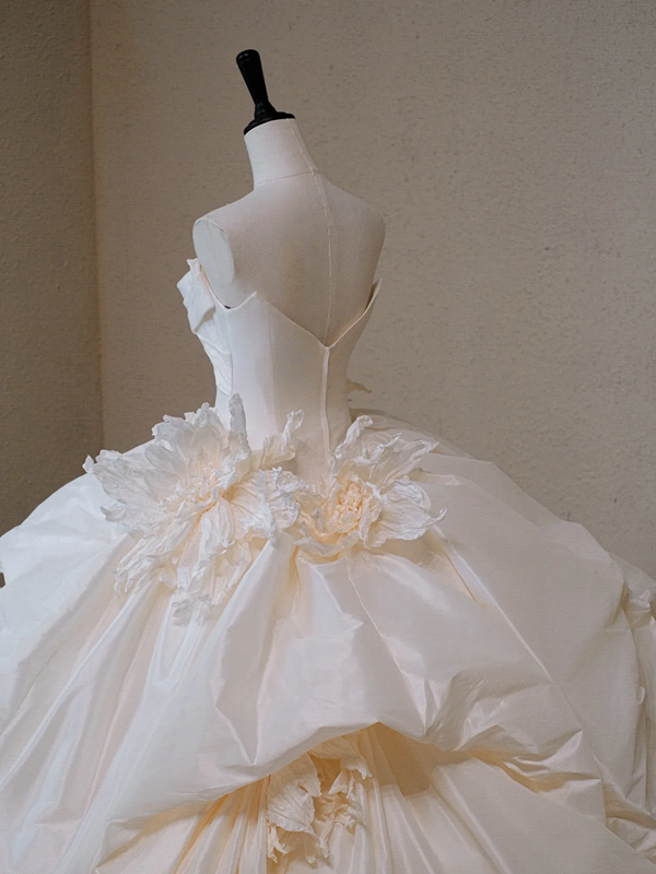 Champagne color suspender waist slim fit puffy skirt bridal dress R5697