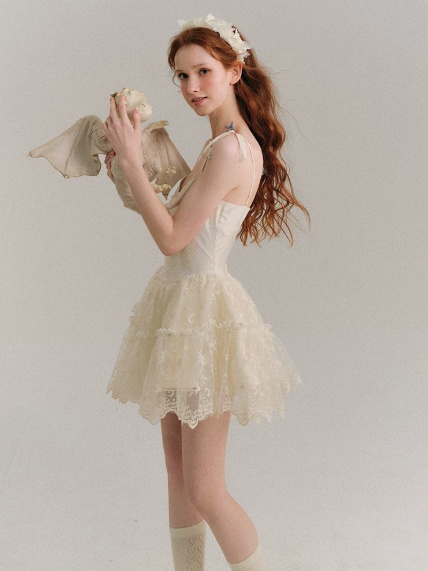 Balletcore White Corset Dress with Lace Trim, Bow Details and Voluminous Skirt R9265