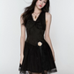 Black Satin Corset Mini Dress Women With Lace Trim And Bow Detail R9432