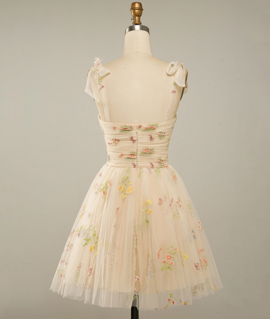 Pastel Yellow Floral Homecoming Dress , CottageCore Flowy Corset Mini Summer Dress RS1437