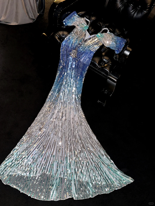 Blue gradient off-the-shoulder sequined fitted long ball gown/bridal dress R8826