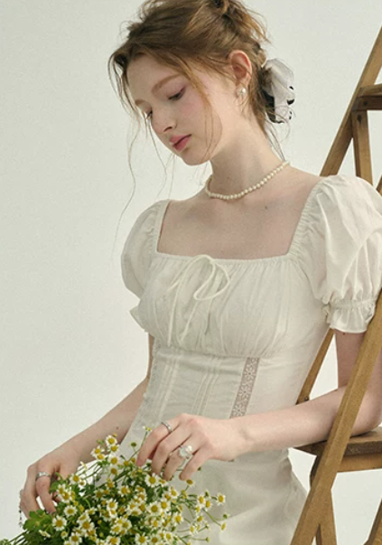 White French Style Mini Dress Women With Puff Sleeves And Lace Inset R9471