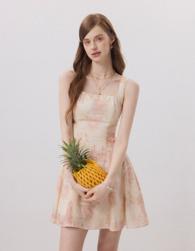 Pink Floral Print Halter Neck Mini Dress Women With A-Line Skirt R9489