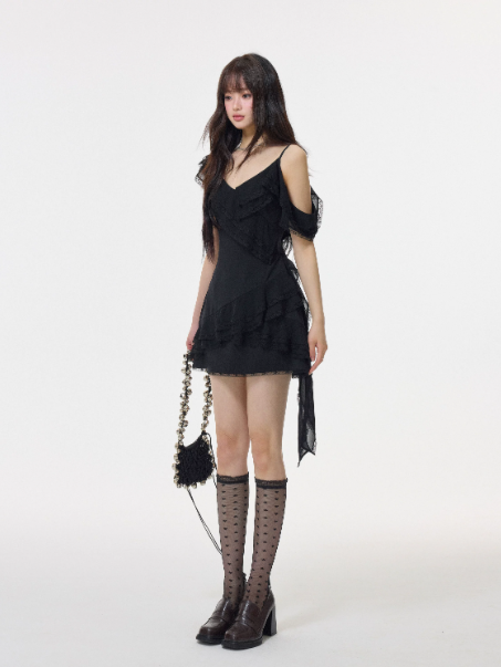 Black Lace Off Shoulder Cami Dress Women Summer High Waist A Line Mini Dress R9383
