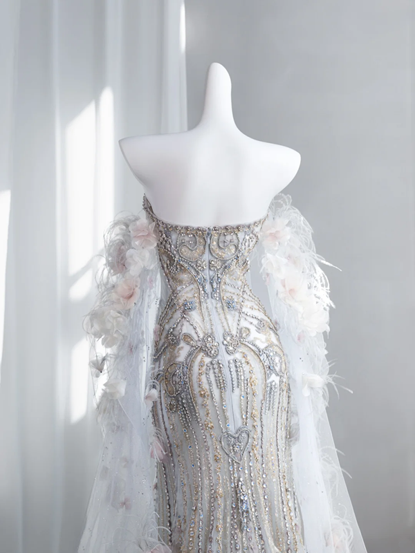 Champagne-colored, rhinestone-embellished, strapless, fitted, long ball gown/bridal dress R8856