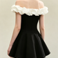 Classic Black White Off Shoulder A-Line Party Dress with Ruffle Top R9215