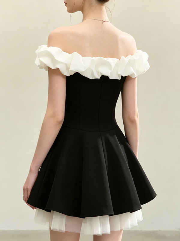 Classic Black White Off Shoulder A-Line Party Dress with Ruffle Top R9215