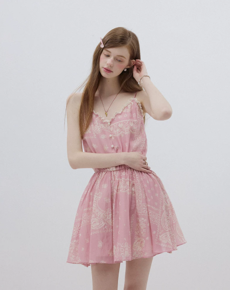 Pink Paisley Print Cami Dress Women With Lace Trim And Elastic Waist R9457