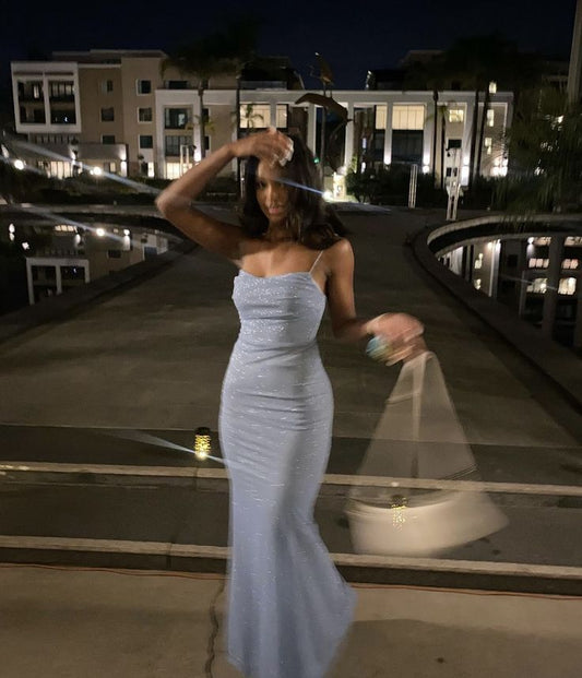 Gray strappy sequined waist slim fishtail design dress, prom dress R5380