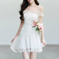 White Off The Shoulder Mini Dress Women With Lace Trim And Ruched Waist R9429