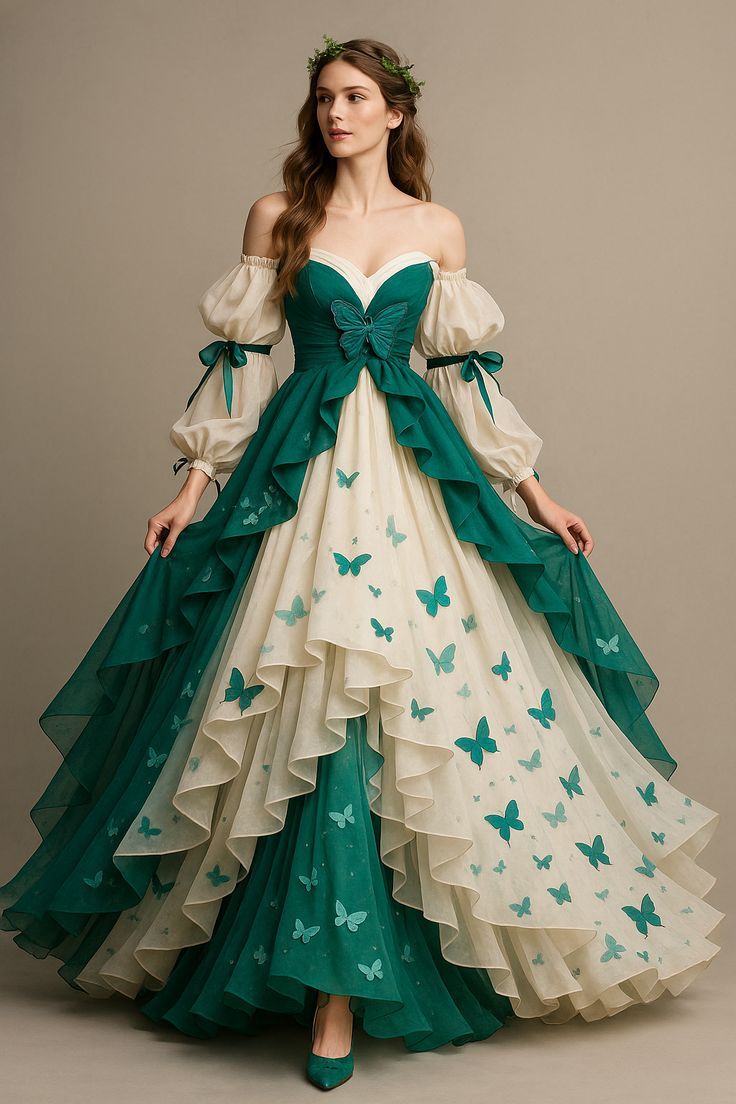 Green tube top waist cake puffy long dress, prom dress R5340