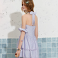 Cute Purple Floral Halter Mini Dress With V-Neck, Tiered Skirt And Lace Accent R9304