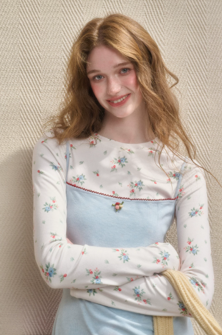 Light Blue Slip Dress with Floral Long-Sleeve Top, 2-Piece Outfit with Ruffled Trim and Mini Hem R9258