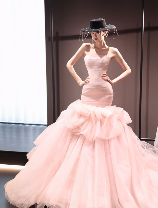 Light pink tube top waist slim hip fishtail sexy long dress ball gown, bridal gown R6031