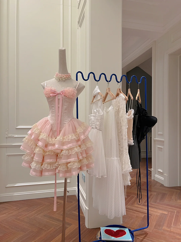 Pink suspender waist puff cake skirt homecoming dress R5039