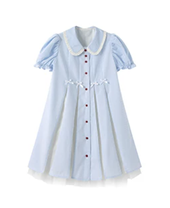 Light Blue Striped Peter Pan Collar Dress with Puff Sleeves R9214