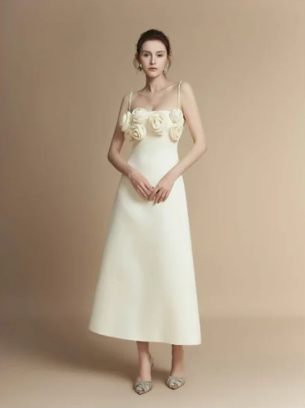 Apricot halter neckline three-dimensional flower high waist A-line elegant long dress homecoming dress R4837