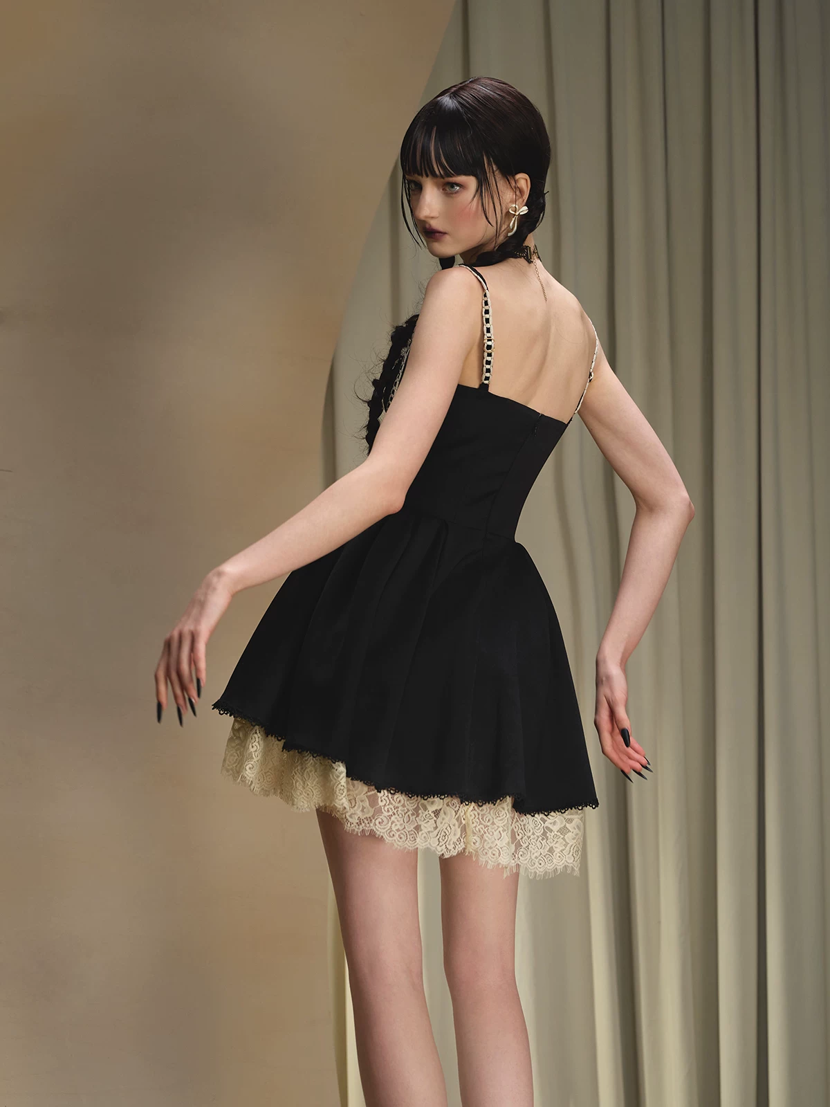 Gothic Coquette Bustier Dress with Lace Flounce Hem R9201