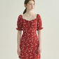 Red Floral Print Mini Dress Women With Puff Sleeves And Square Neck R9483
