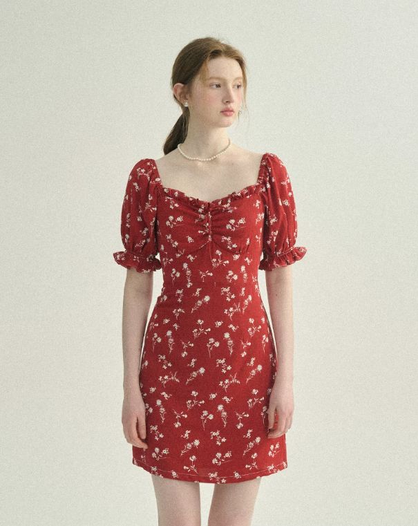 Red Floral Print Mini Dress Women With Puff Sleeves And Square Neck R9483