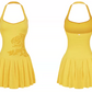 Yellow Halter Neck Mini Dress With Rose Embroidery And Pleated Skirt R9284