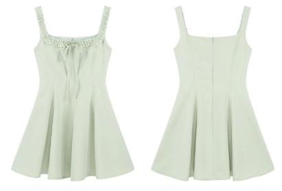 Minimalist Mint Green Flare Dress, Women's Square Neck with Ruffled Straps and Tie Detail Mini Dress R9330