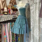 Blue-green square neckline fitted waist short elegant ball gown R7797