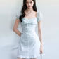 Light Blue Eyelet Embroidery Mini Dress Women With Lace Trim And Bow Detail R9405