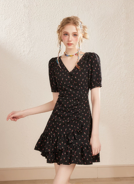 Romantic Black Cherry Floral A-Line Dress With Puff Sleeves And Layered Skirt R9322