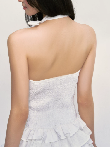 White Halter Neck Tiered Mini Dress with Bow Neckline, Button Front, Smocked Back and Ruffled Skirt R9250