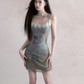 Oil Painting Print Mesh Cami Mini Dress Women With Lace Trim And Tie Straps R9417