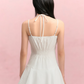 White Halter Mini Dress with Lace V-Neck, Beaded Straps, Smocked Back and Flared Skirt R9254