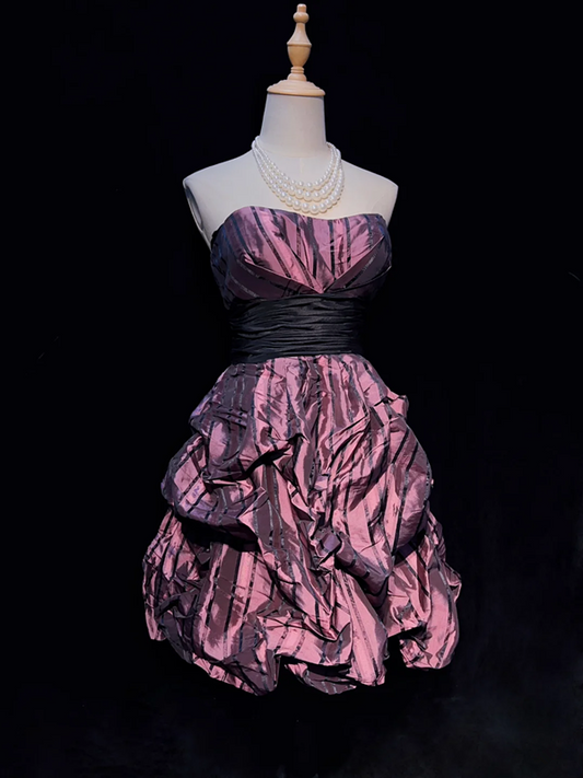 Dark pink tube top waist layered pleated skirt short skirt homecoming dress R4999