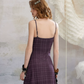 Edgy Y2K Purple Plaid Mini Dress With Lace Trimmed Neckline And Adjustable Straps R9307