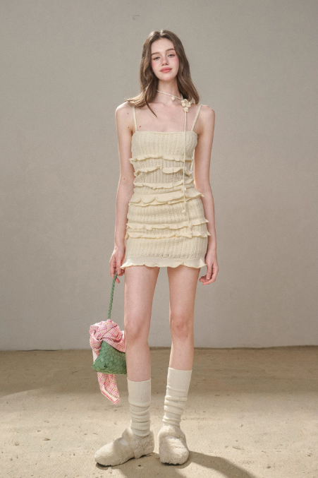Soft Knit Cream White Dress with Tiered Ruffle Hem, Floral Detail and Form-Fitting Silhouette R9270