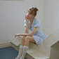 Blue White Gingham Puff Sleeve V-Neck Mini Dress Women High Waist A-Line Dress R9350