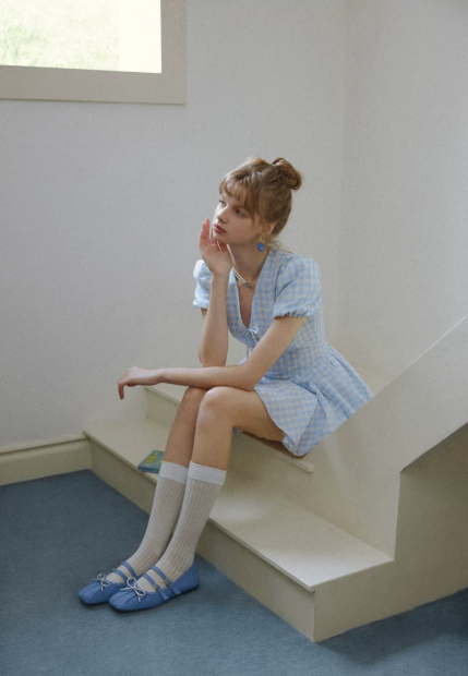 Blue White Gingham Puff Sleeve V-Neck Mini Dress Women High Waist A-Line Dress R9350