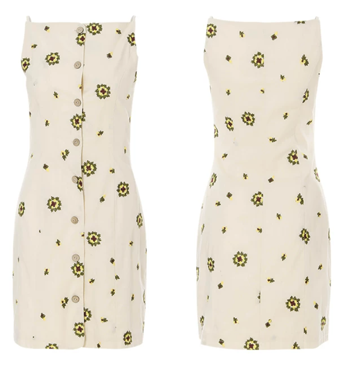 Beige Floral Embroidered Cami Mini Dress Women With Button Front Detail R9478