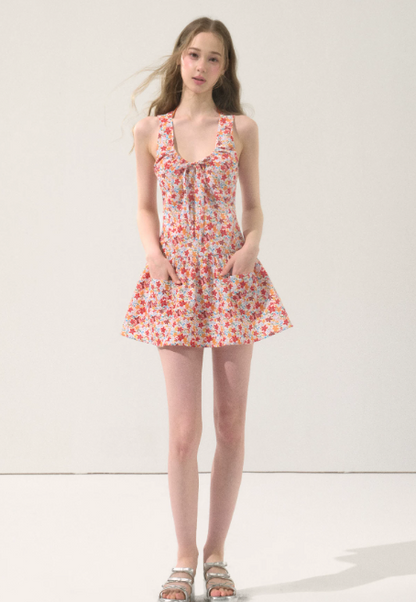Red Floral Halter Mini Dress With Bow Detail And Flounce Skirt R9281