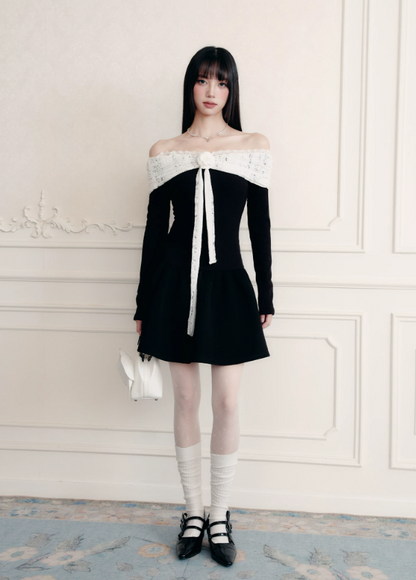 Black And White Off The Shoulder Mini Dress With Lace Trim And Bow Detail R9448