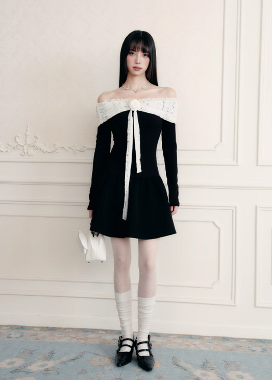 Black And White Off The Shoulder Mini Dress With Lace Trim And Bow Detail R9448