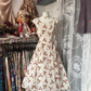 Pink rose print sleeveless fitted waist A-line short prom dress R7448
