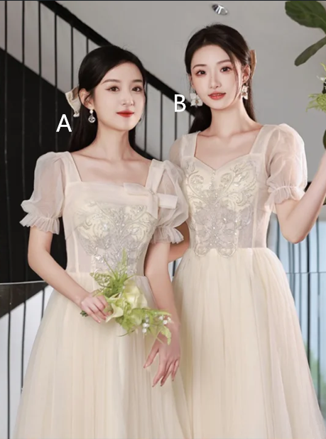 Apricot short-sleeved square neck waist slim A-line maxi bridesmaid dress R6112