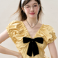 2026 Summer Yellow Puff Sleeve Dress Women, Coquette Black Bow V-Neck A-Line Mini Dress R9324